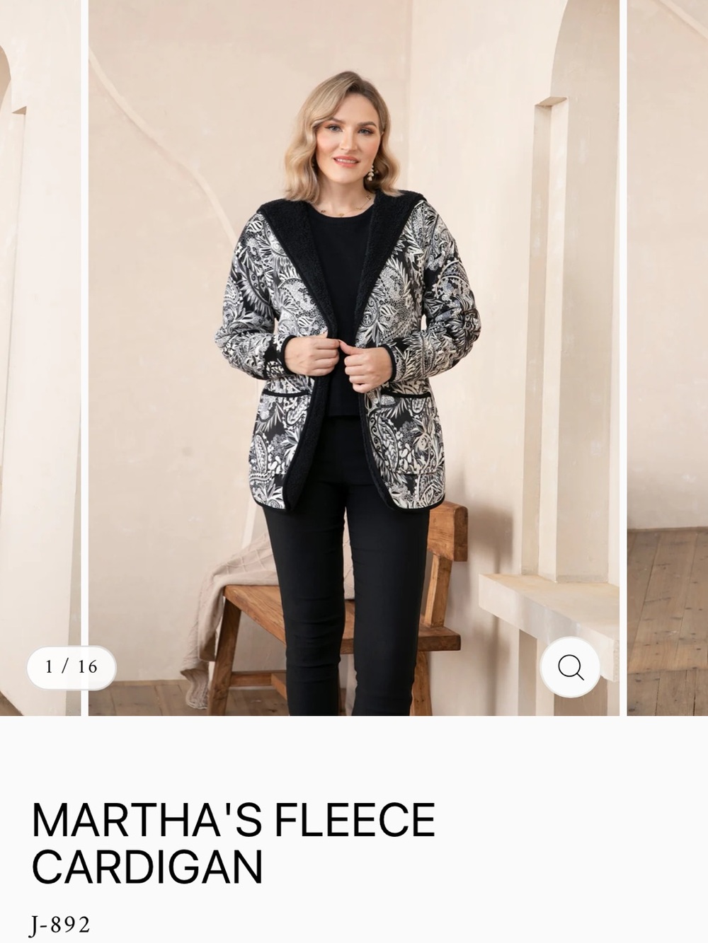 Martha's Teddy Fleece Jacket - Black & White Botanical